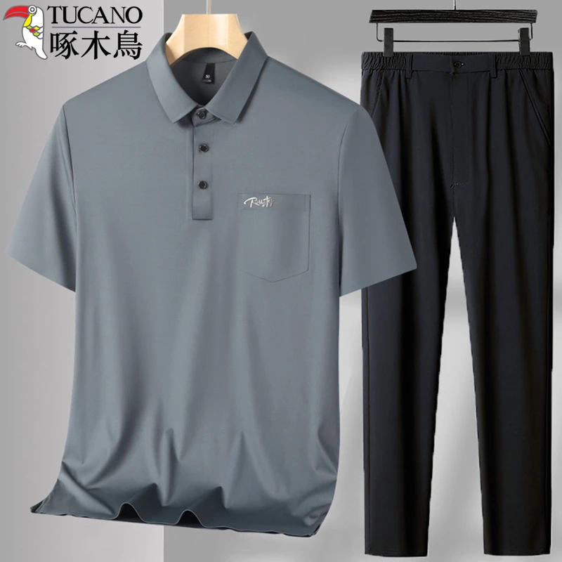 【凉感两件装】啄木鸟夏季男士无痕短袖爸爸装冰丝速干休闲松紧腰裤