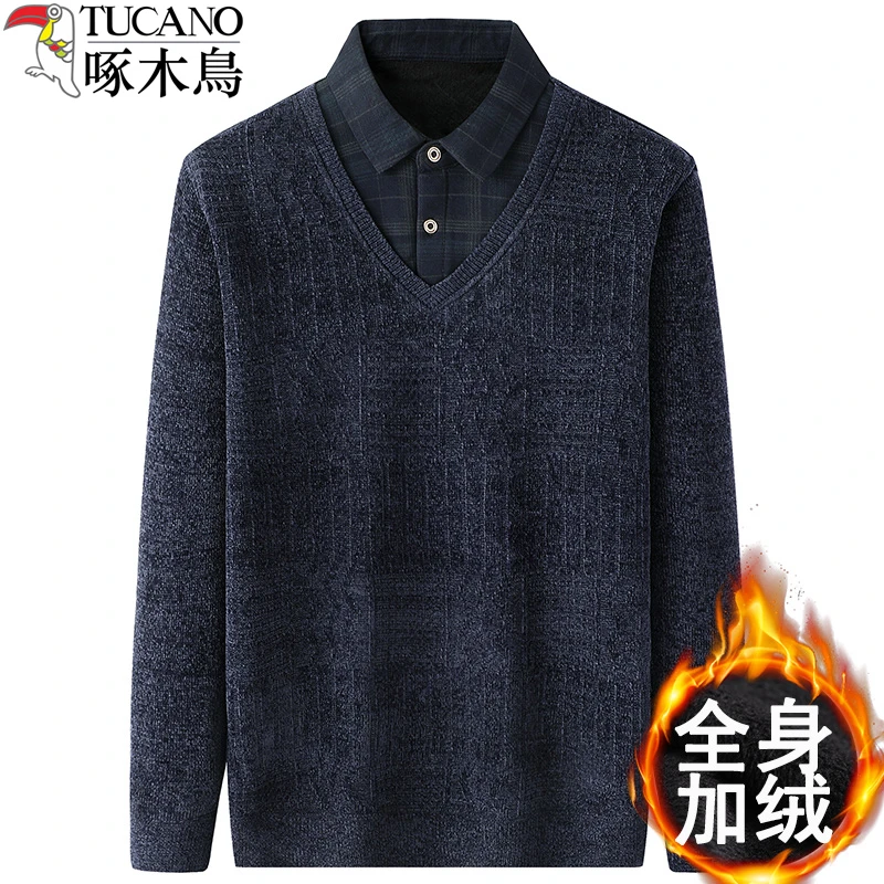 啄木鸟爸爸冬装毛衣雪尼尔针织打底衫中老年人加绒加厚假两件上衣
