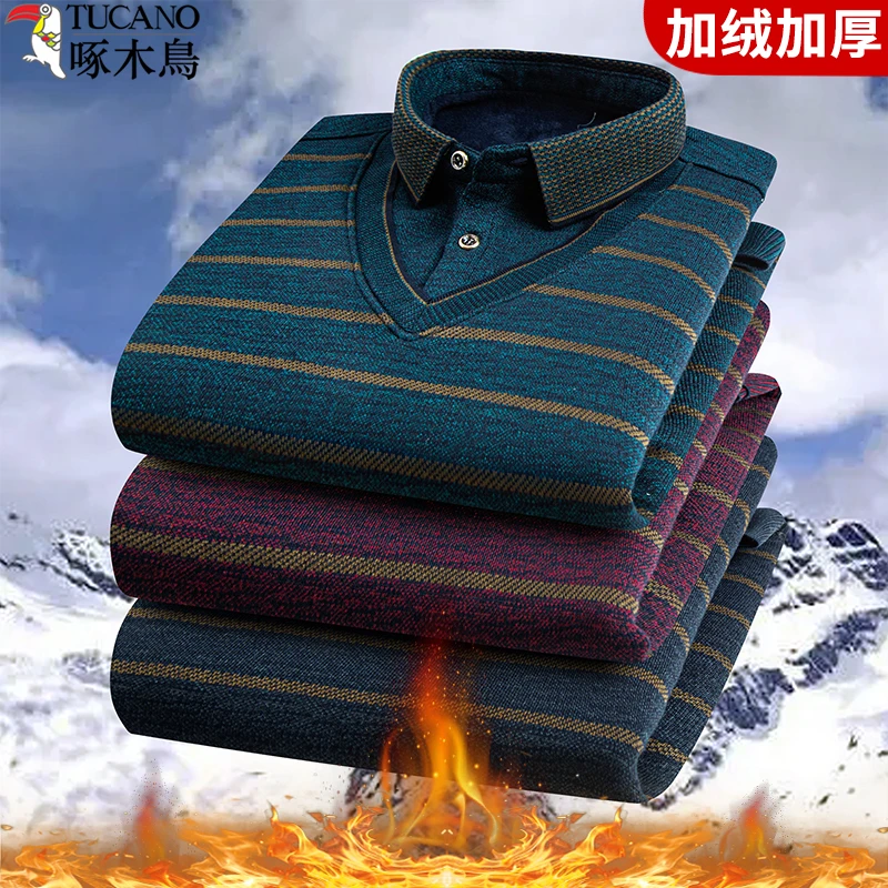 啄木鸟中老年人男装长袖保暖加厚宽松假两件冬季爸爸加绒男士毛衣