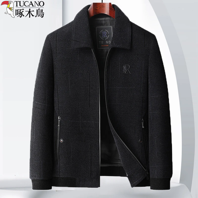 啄木鸟秋冬季中老年男士翻领毛呢夹克爸爸装防风中年男士加厚外套