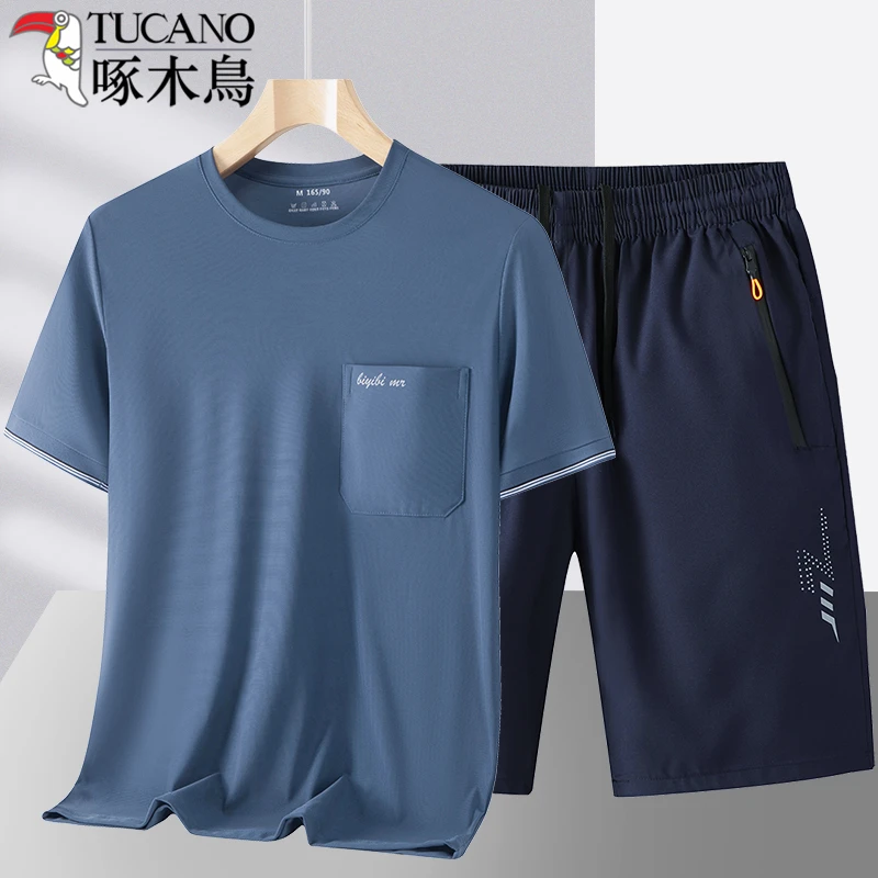 爸爸夏装套装冰丝短袖圆领T恤中老年人凉感休闲五分裤两件套衣服