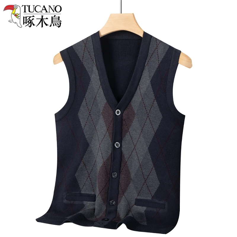 爸爸装针织开衫毛衣男士马甲加厚中老年人男装爷爷秋冬季无袖背心