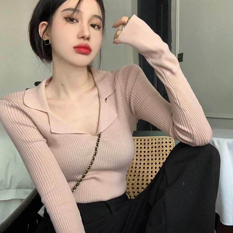 针织衫女装早秋2024新款长袖打底衫辣妹v领性感修身显瘦短款上衣