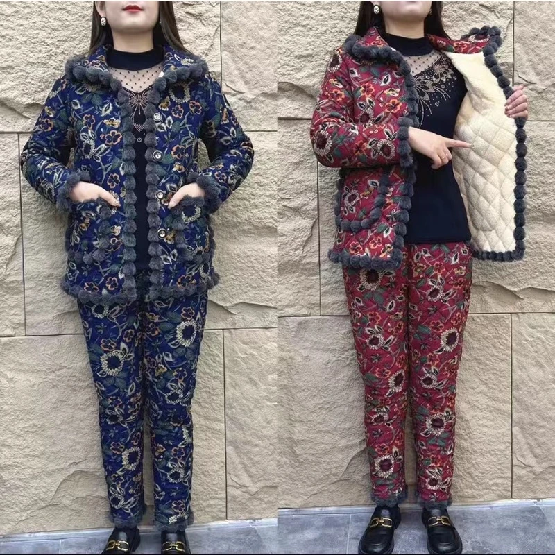 向日葵加绒加厚洋气新花型套装时尚保暖中老年花色棉衣妈妈装