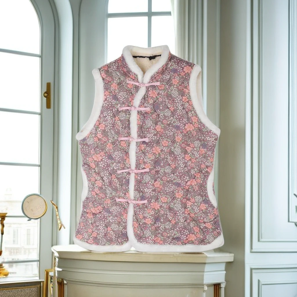 保暖加绒加厚百搭女马甲毛边碎花防寒盘扣民族风复盘扣马夹棉坎肩