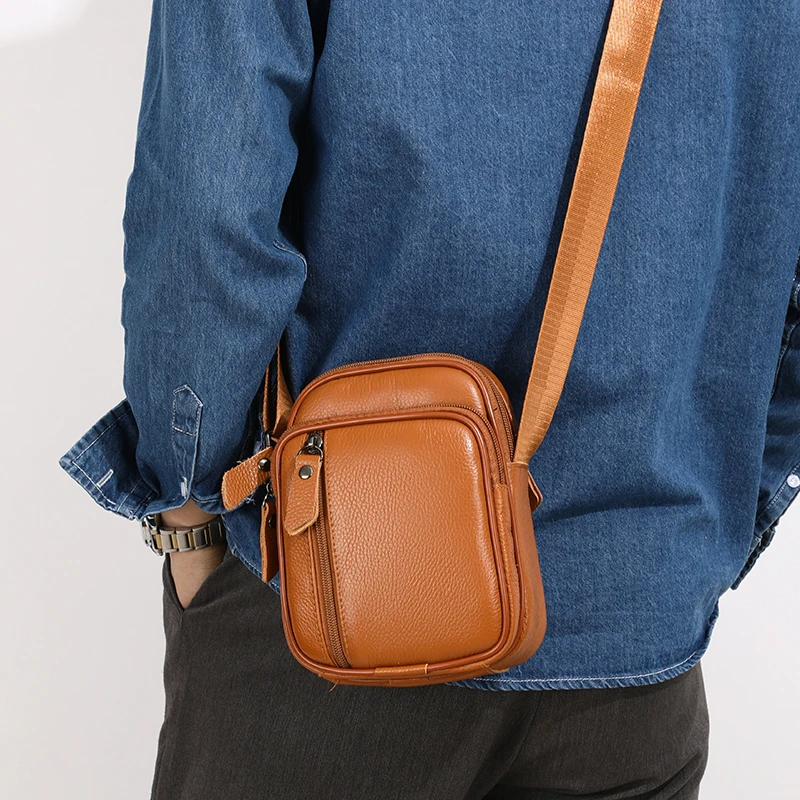 男士简约时尚休闲真皮复古牛皮多层拉链单肩斜挎包潮流手机小包包