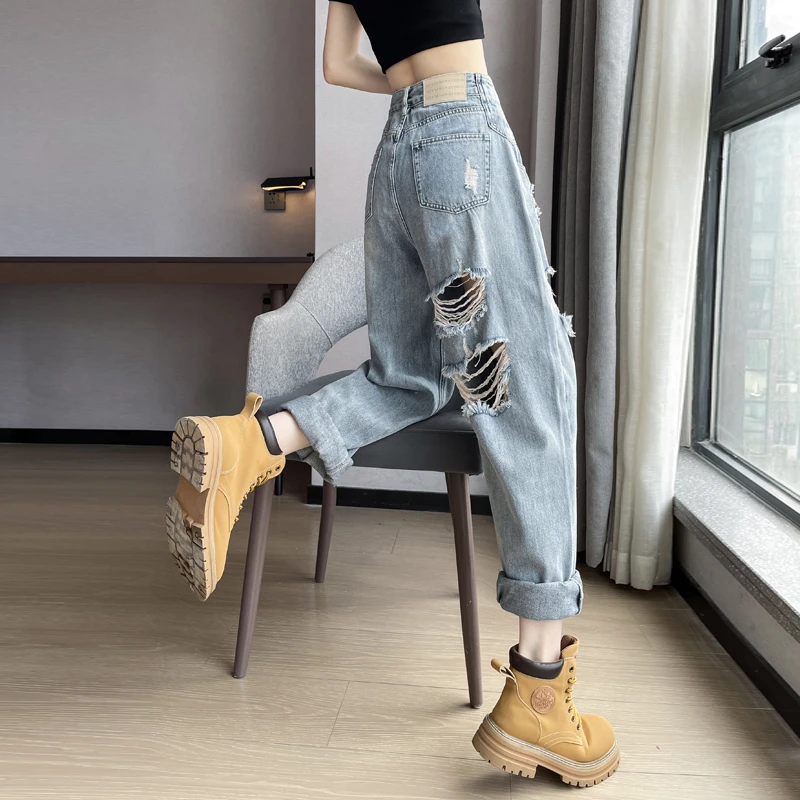 破洞大码老爹牛仔裤女夏季薄款新款小个子宽松萝卜哈伦裤子高腰