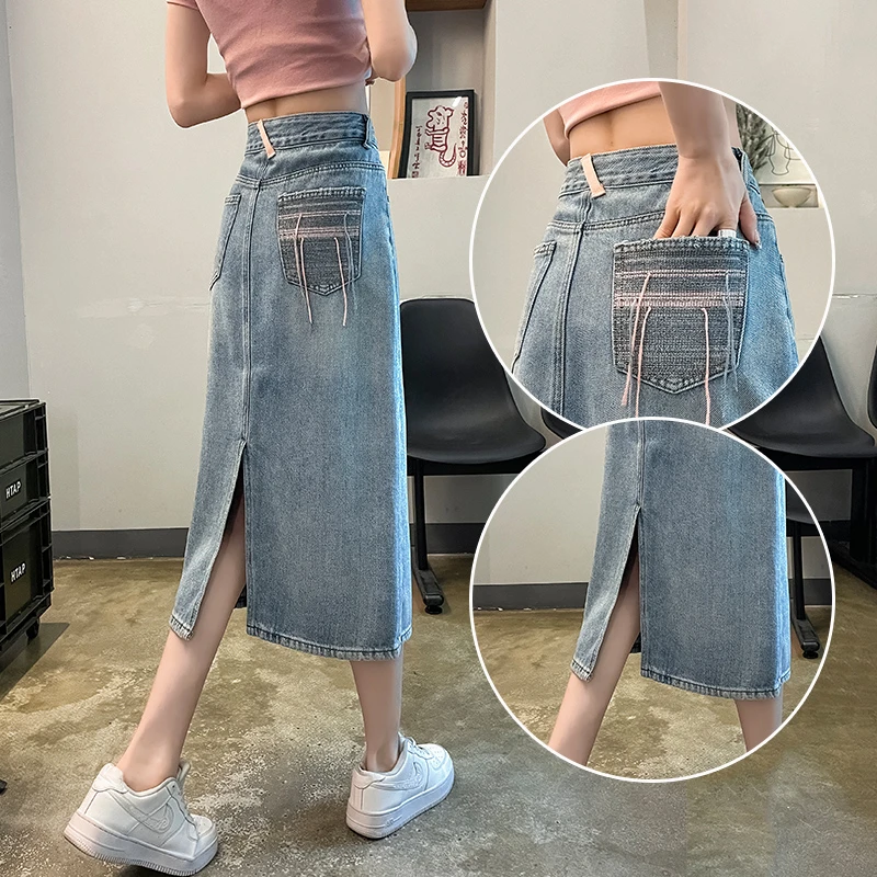编织后袋开叉中长裙2024春夏季新款欧货浅蓝怀旧色高腰牛仔裙字女