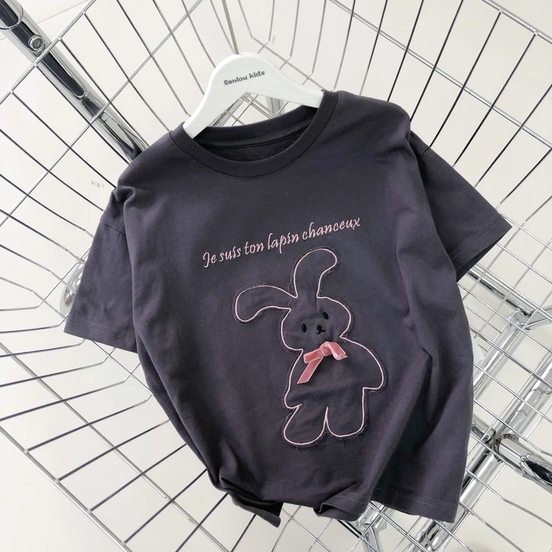 唯品仓！高品质刺绣字母兔子中大童纯棉短袖T恤   9412