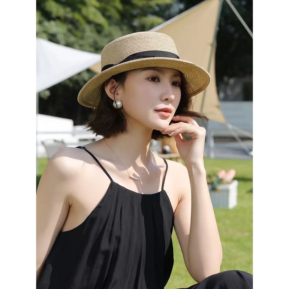 夏季草帽女款遮阳帽时尚草编平顶太阳帽可折叠气质百搭夏天洋气女
