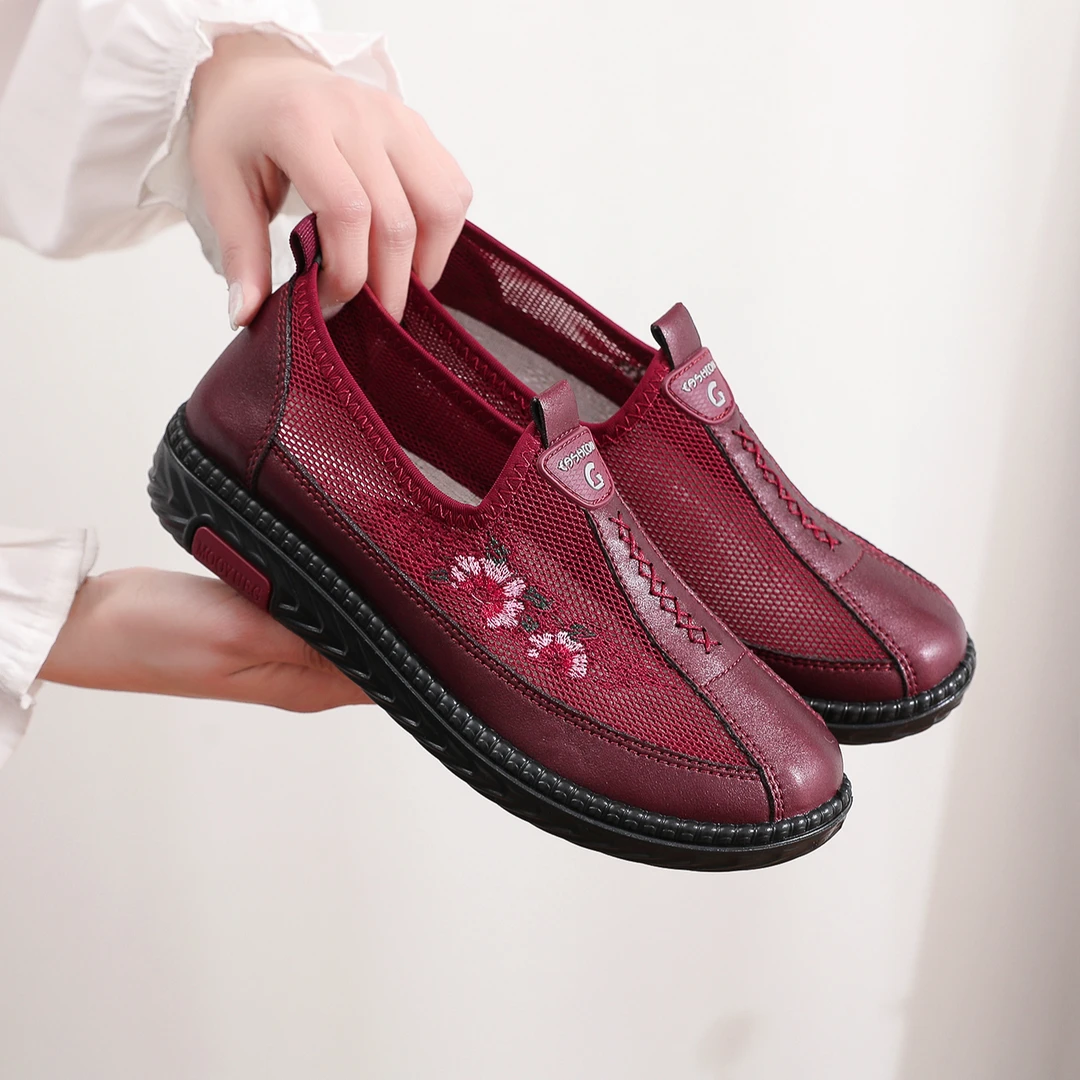 老北京布鞋女士夏季网面妈妈鞋一脚蹬透气老人鞋休闲平跟奶奶鞋子