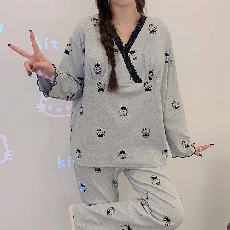 月子服春夏款带胸垫哺乳产后产妇怀孕期长袖透气不勒肚孕妇睡衣薄