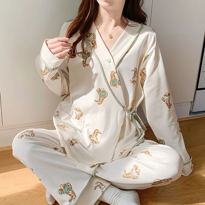 孕妇睡衣春夏薄款可调节产妇家居服哺乳期产后喂奶长袖春秋月子服