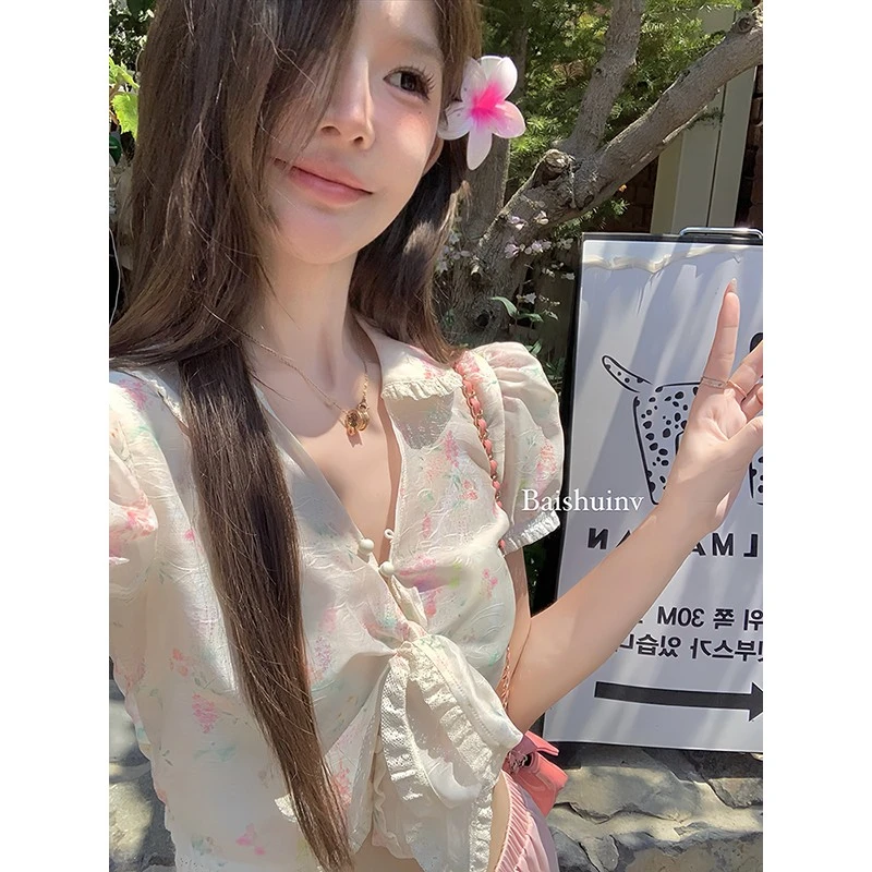 白水女【碎花欧尼~短袖款】韩系气质温柔系带衬衫设计感B40541653