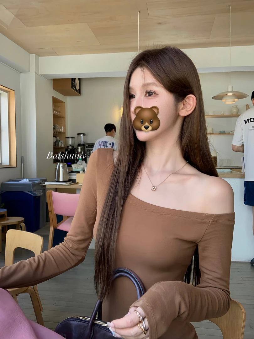 白水女【露式直角肩】露肩T恤设计感修身显瘦打底长袖上衣B40844233