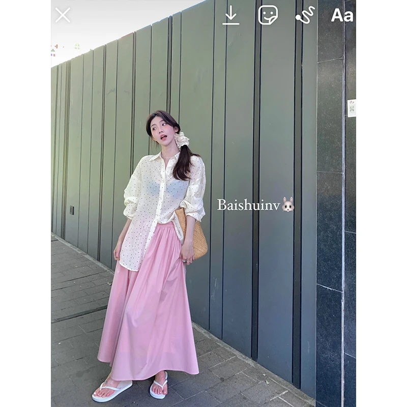 白水女【清清款】A字半身裙宽松高腰垂感长款显瘦粉裙子B4025079