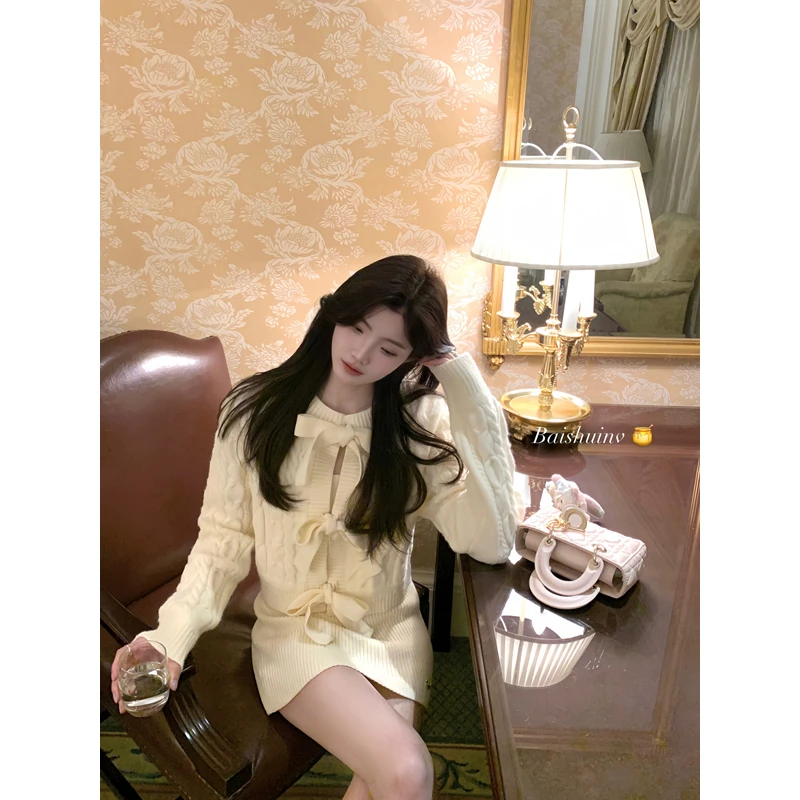 白水女 一起过圣诞 蝴蝶结毛衣女秋冬吊带内搭韩系套装