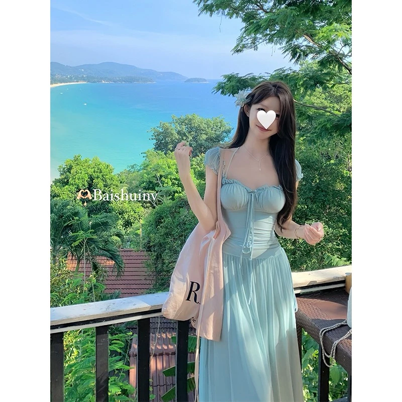 白水女【层叠浪漫~】新款方领气质高级感花苞袖网纱连衣裙B40541431