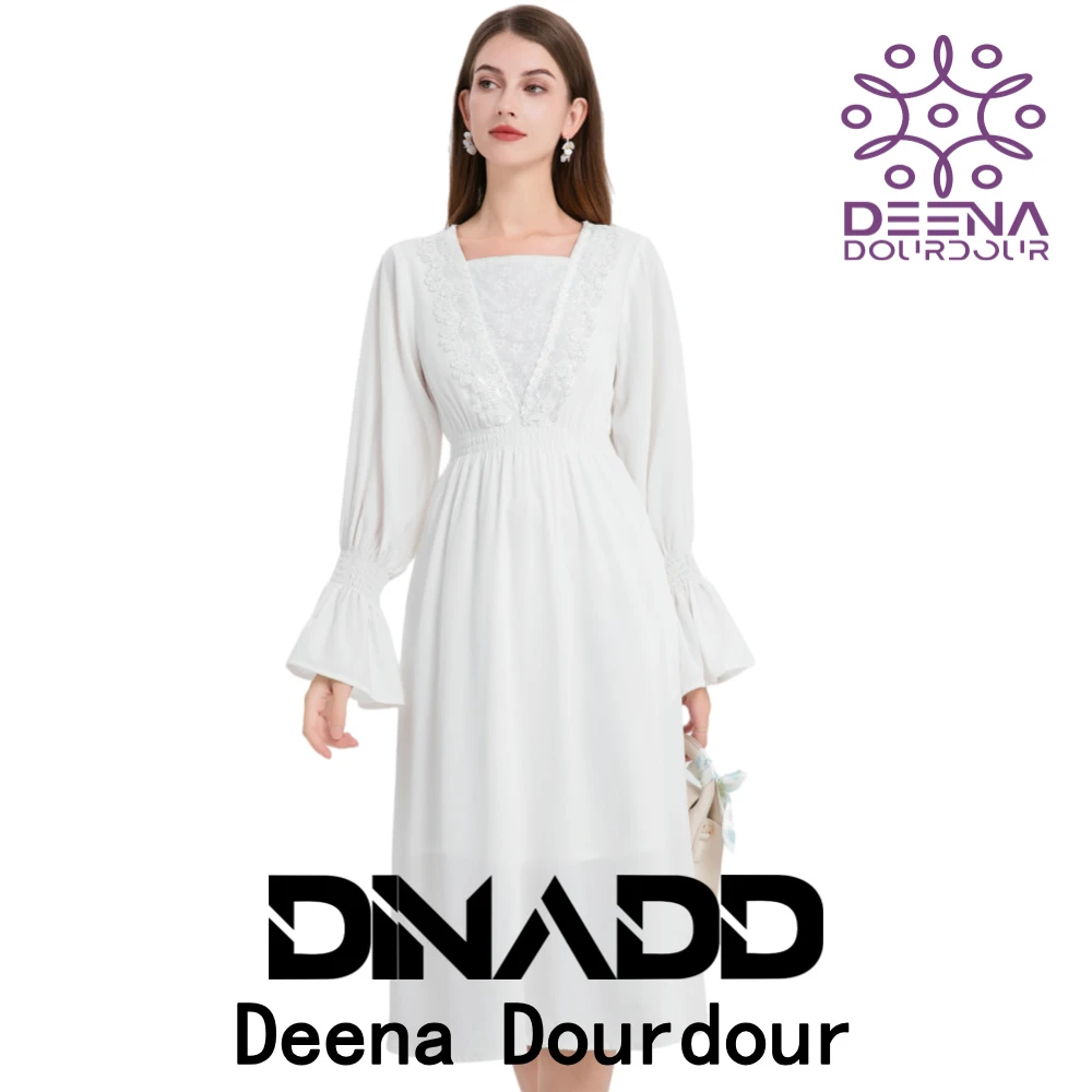 迪娜朵朵专柜品质法式优雅连衣裙蕾丝拼接收腰修身伴娘礼服A字裙