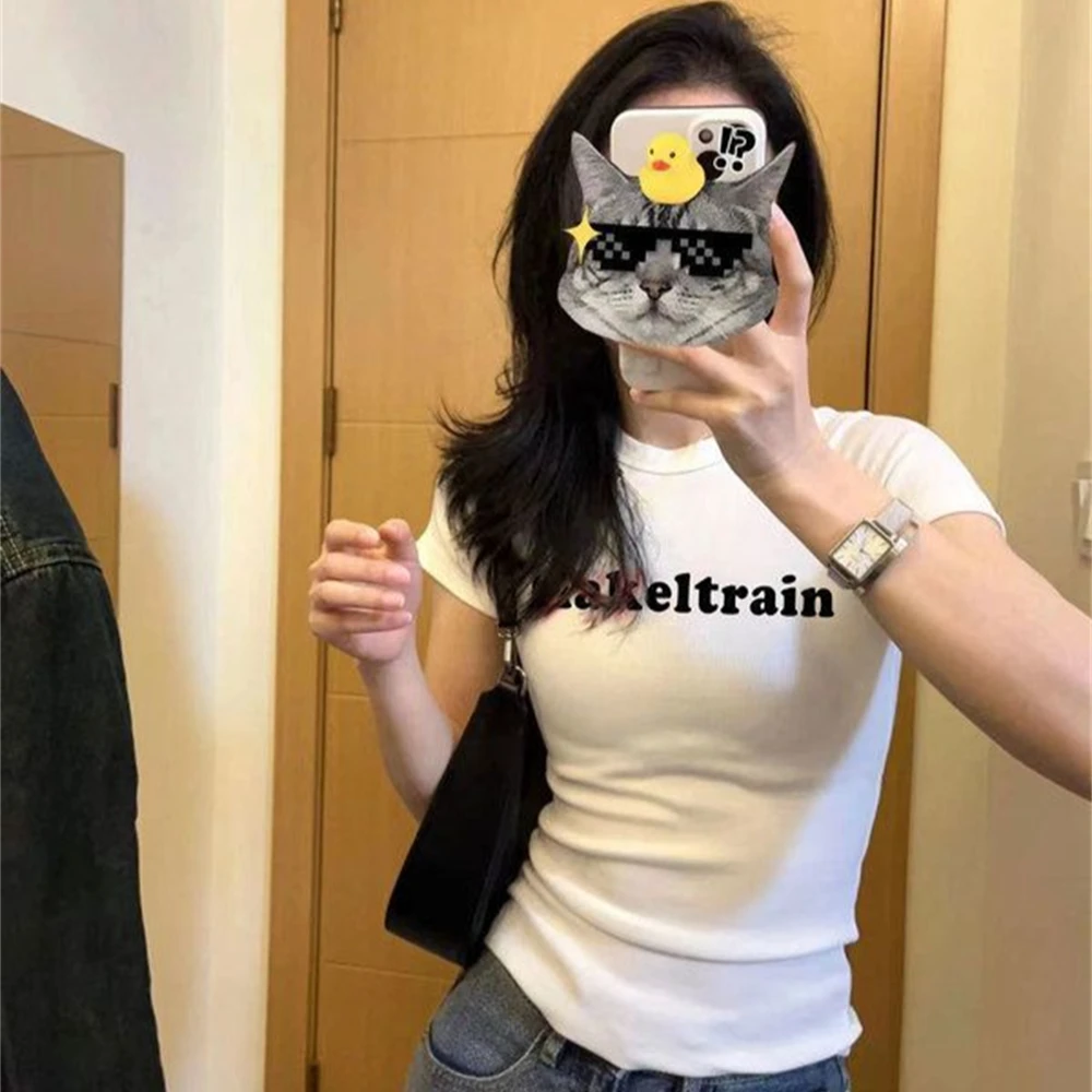 小个子短款上衣女设计感小众夏季美式甜辣修身辣妹短袖正肩T恤ins