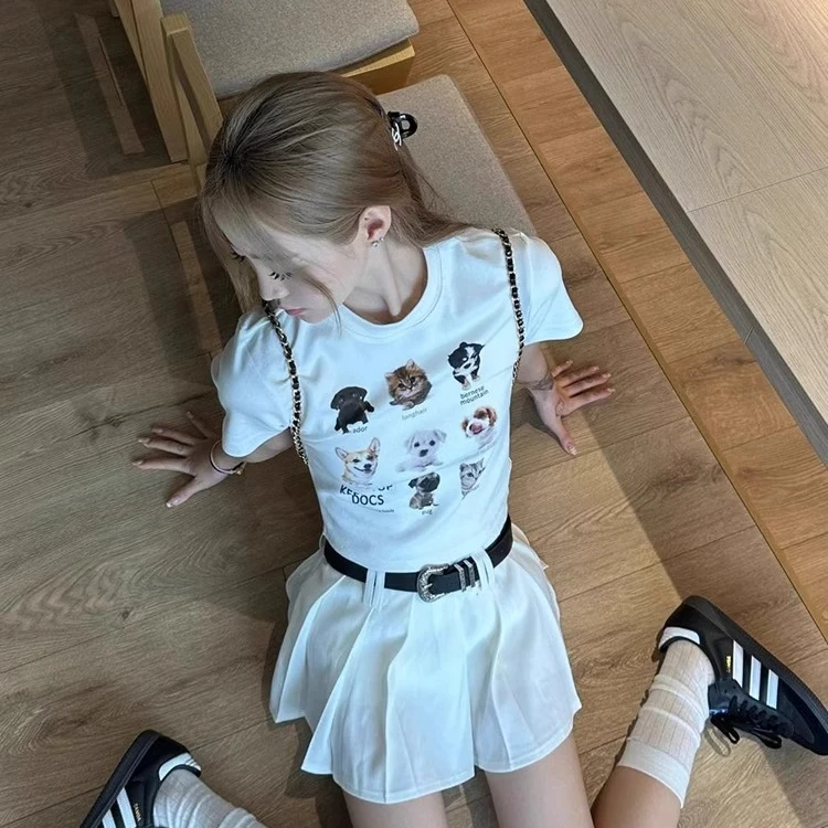 休闲圆领短袖T恤女ins潮字母猫咪狗狗印花打底夏季辣妹修身上衣