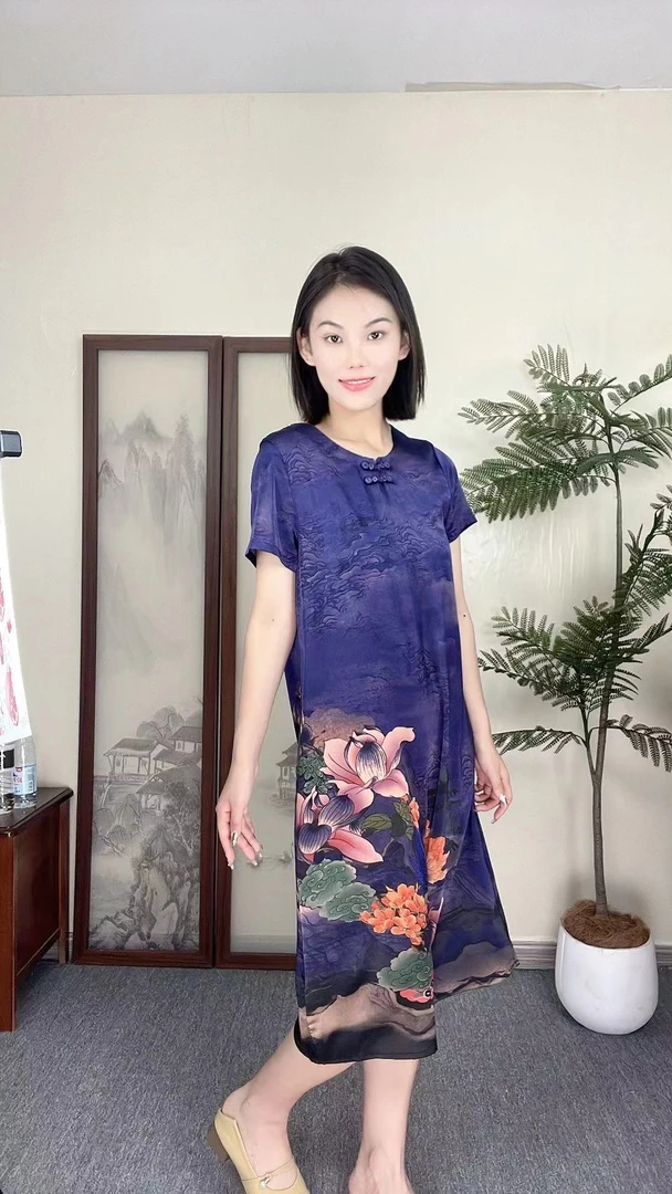 016宽松连衣裙妈妈装气质网红时尚夏季复古中长款重磅国风印花