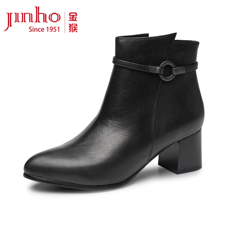 Jinho/金猴女靴优雅气质牛皮尖头粗跟高跟S710018A