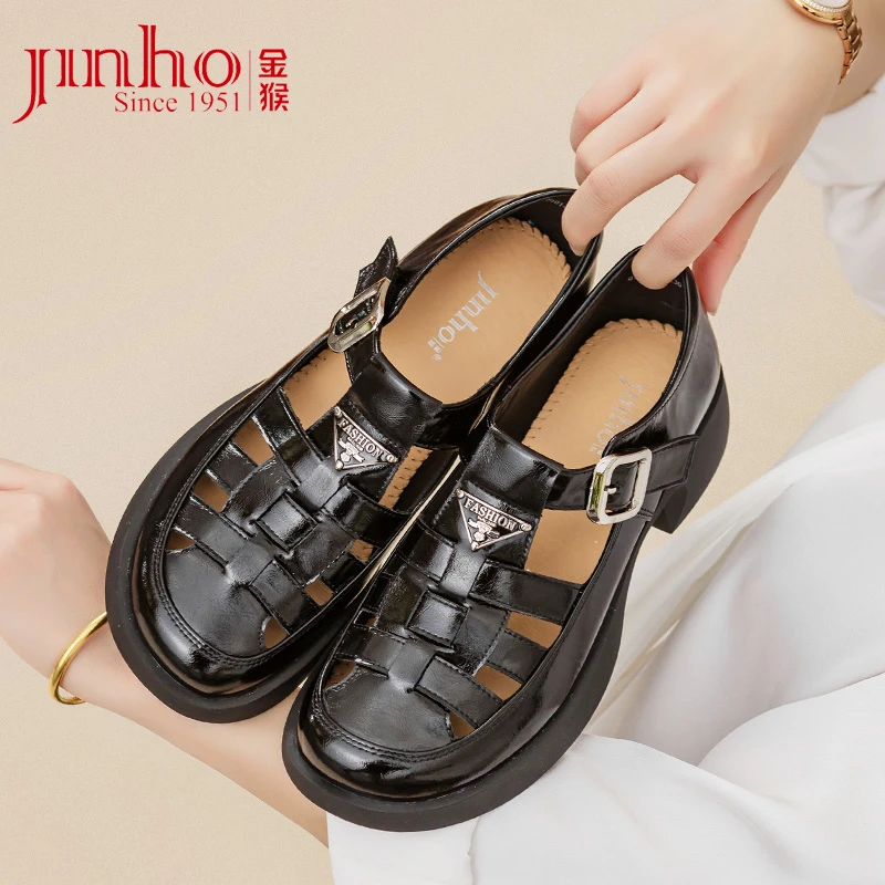 Jinho/金猴夏季时尚百搭软底透气罗马包头凉鞋编织猪笼鞋Q79014A