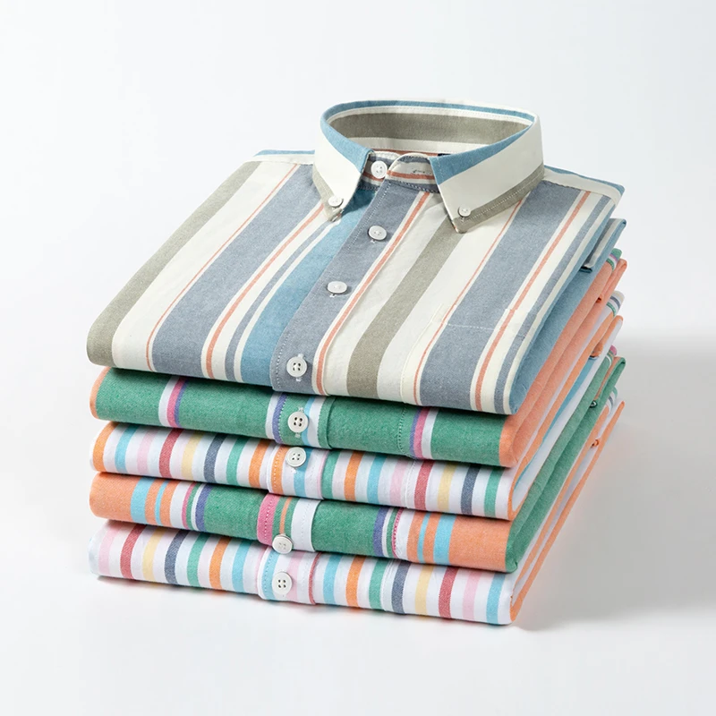 100棉牛津纺长袖衬衫男秋季中青年商务休闲纯棉薄款彩条纹衬衣