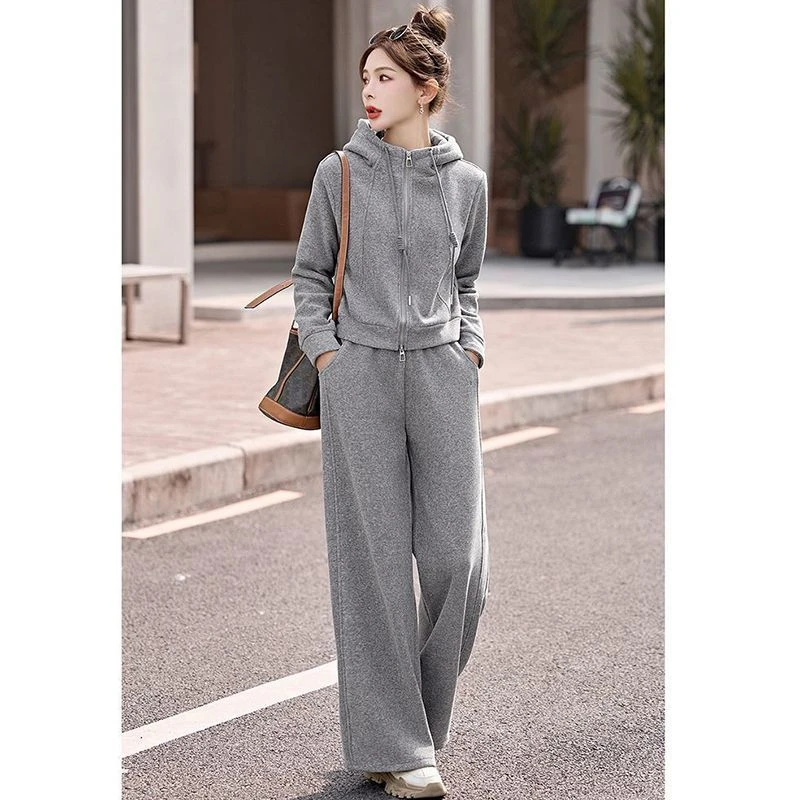 休闲运动时尚加绒加厚卫衣阔腿裤深秋初冬套装女2024秋冬季两件套