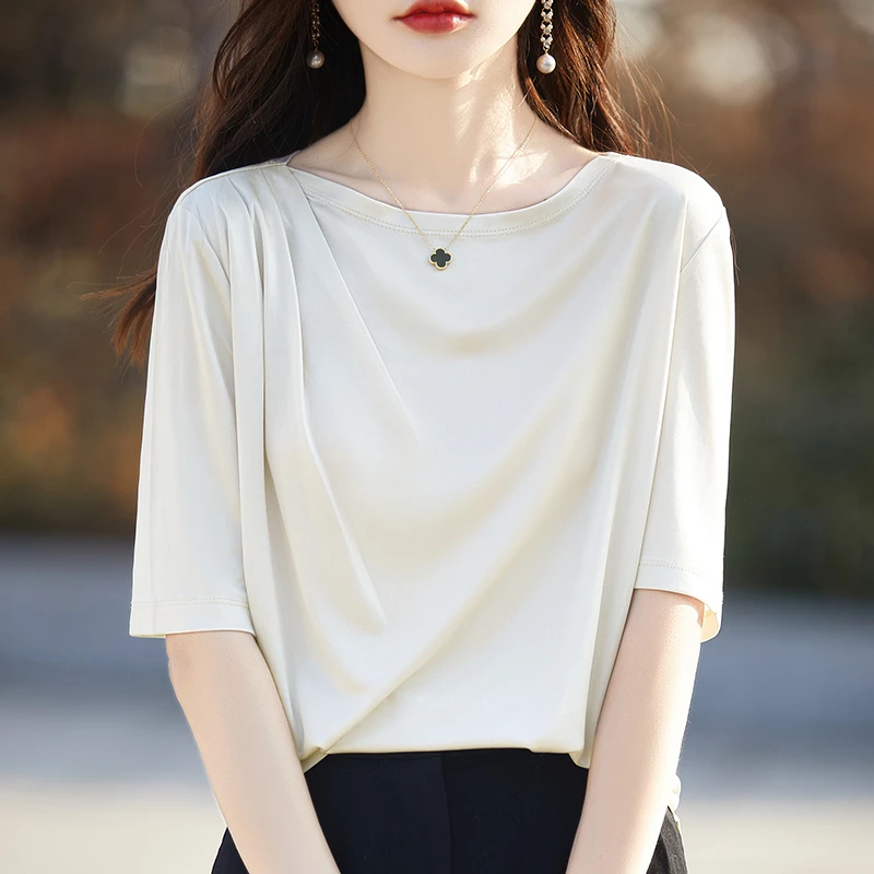 夏季醋酸半袖女薄款宽松百搭一字领褶皱短袖内搭背心T恤上衣ZW988