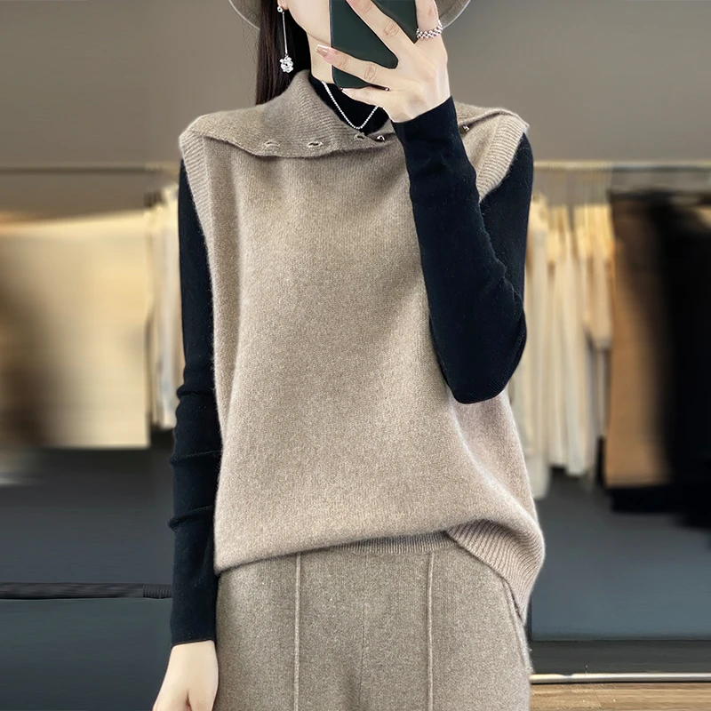 100%纯羊毛马甲女秋冬重工高翻领打底坎肩宽松套头针织背心YM064