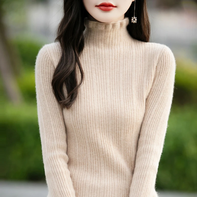 秋冬加厚木耳领100%纯羊毛衫女士修身显瘦套头毛衣长袖针织打底衫