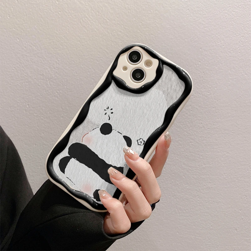 可爱熊猫曲边纹苹果15全包手机壳（华为oppo小米vivo）mate60软硅胶