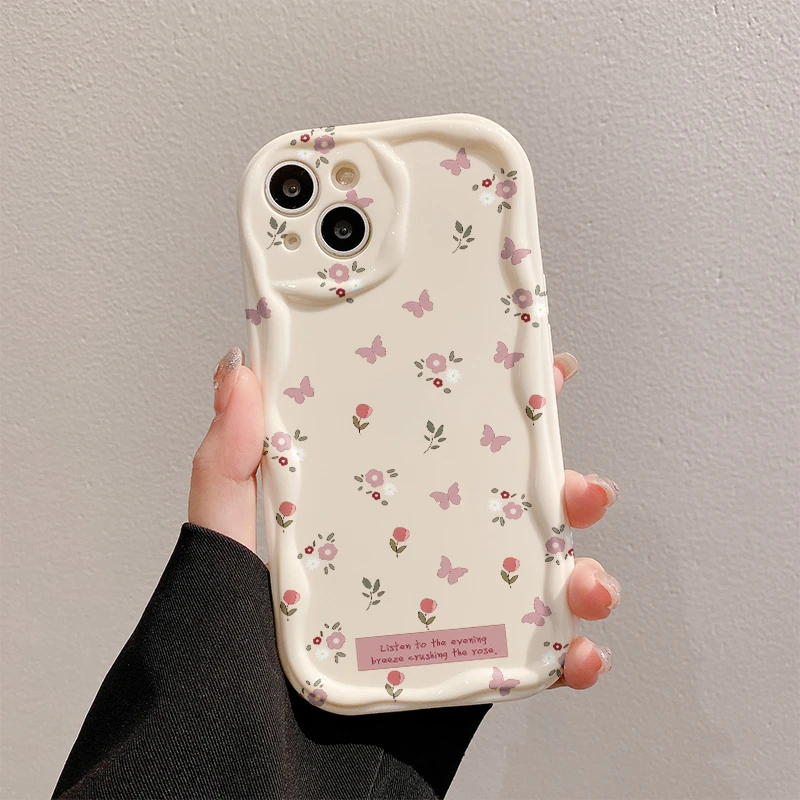 蝴蝶碎花电镀曲边纹苹果15手机壳 华为oppo小米vivo mate60