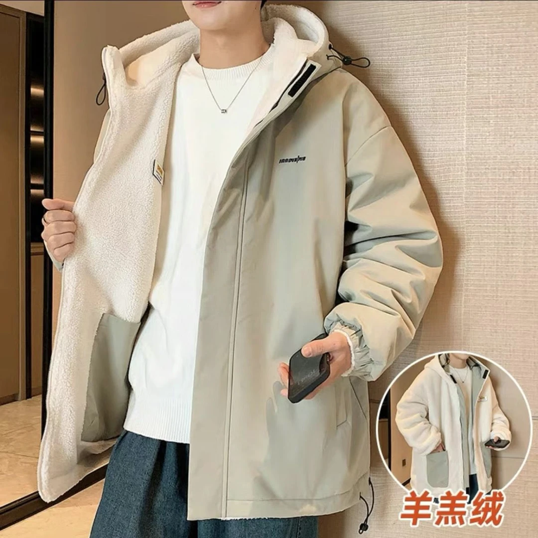 秋冬保暖双面穿羊羔棉衣外套男士秋冬季潮牌加加厚冲锋衣棉袄晋江