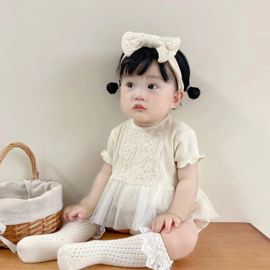 童装夏款婴儿蕾丝网纱短袖连体哈衣女宝宝公主爬服配发带