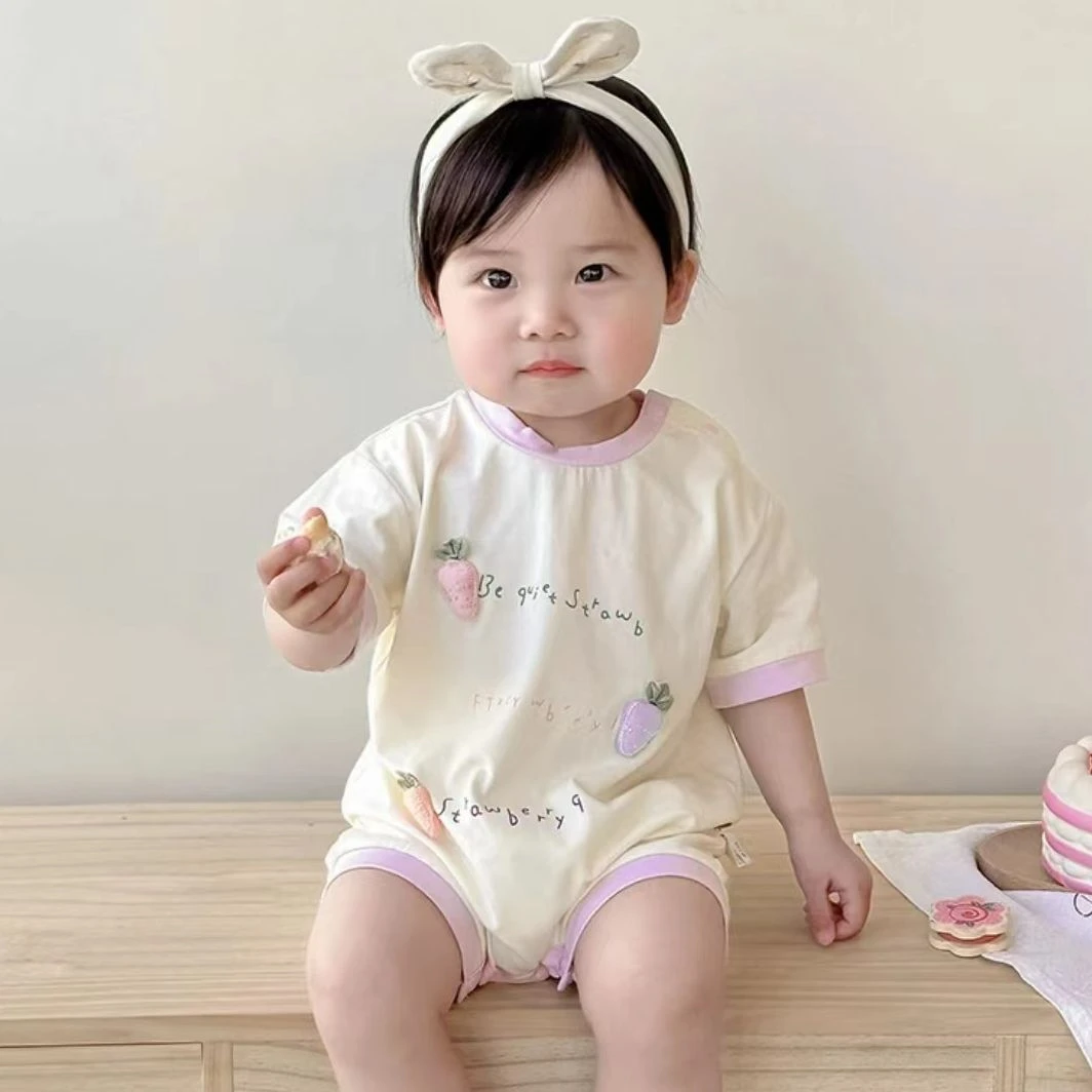 夏季女宝新款立体小草莓字母短袖哈衣女宝夏季连体哈衣