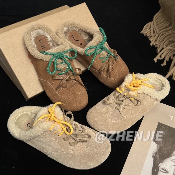 「年终清仓」厚底加绒毛毛鞋复古勃肯鞋女冬款百搭双鞋带棉拖鞋558A