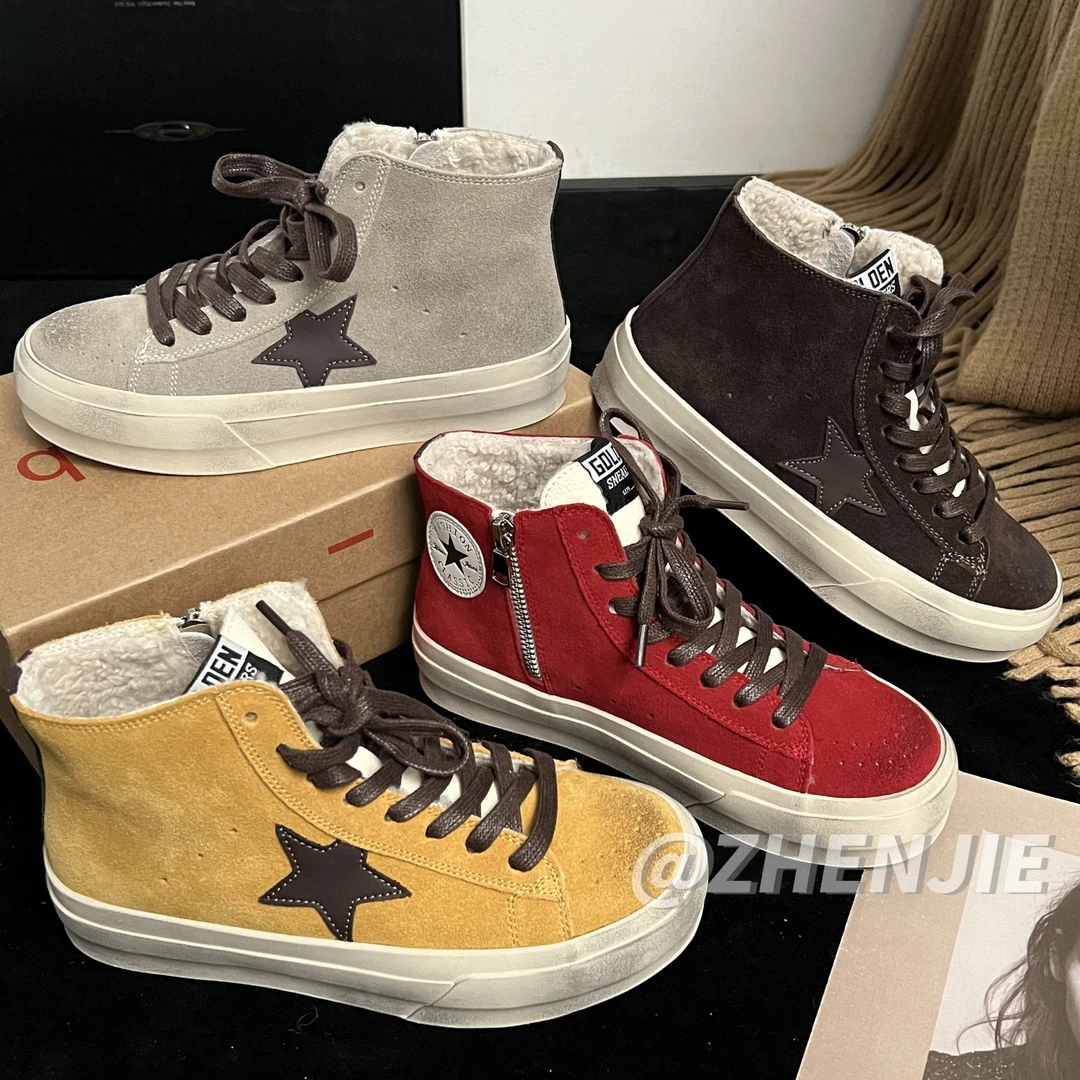 [珍姐] XIAKAN  I 超火高帮做旧擦色星星鞋女冬加绒百搭休闲板鞋