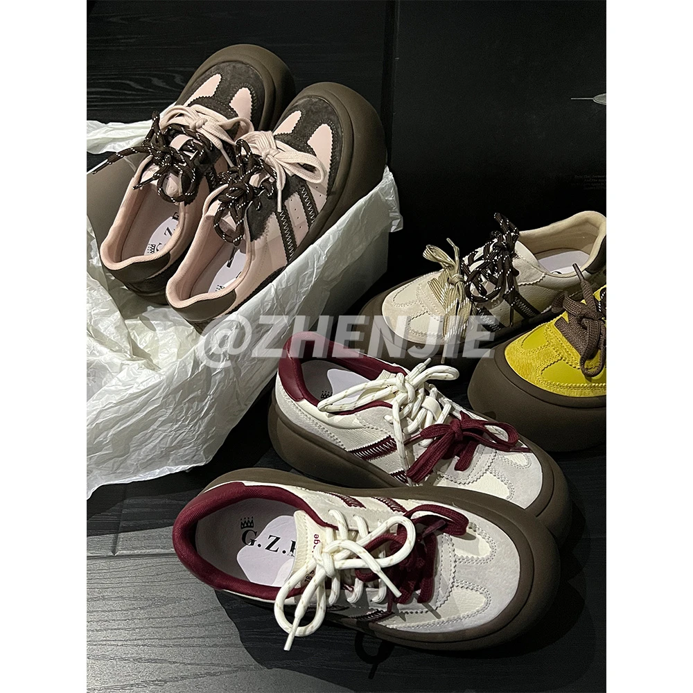 「XIAKAN」拼色百搭小白鞋女新款厚底圆头系带休闲面包德训板鞋潮流