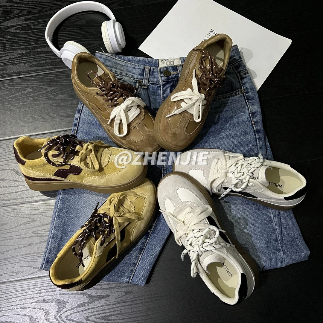 【珍姐】隐形增高复古滑板鞋女百搭软底拼色德迅鞋系带休闲厚底板鞋
