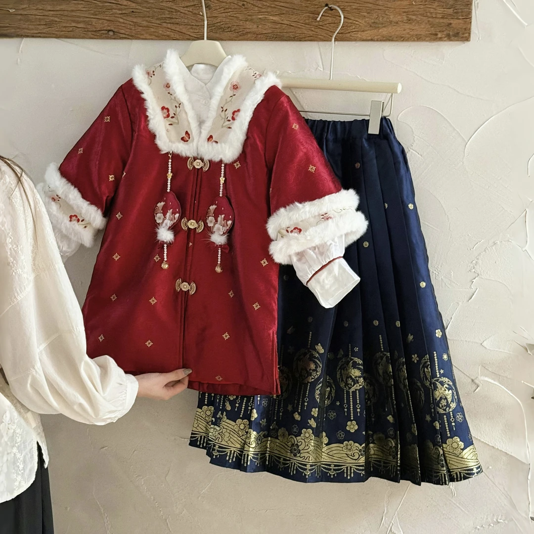 半汐月女童拜年服汉服马面裙中国风套装2024冬季新款女孩加绒加厚