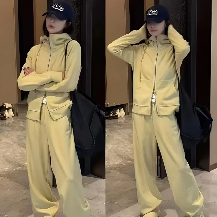 9512潮牌爆款双拉链连帽休闲阔腿裤高级感加绒遮肚显瘦气质套服