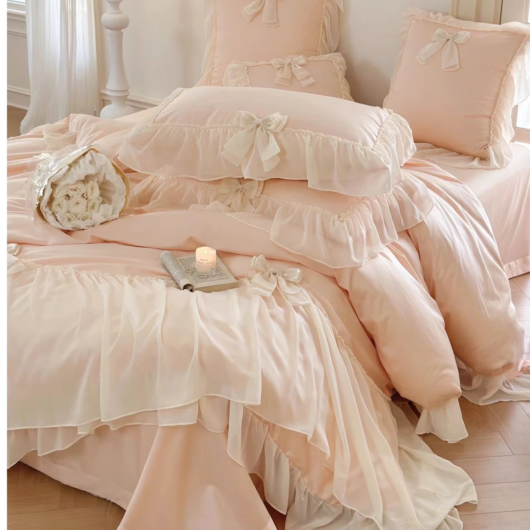 长纯棉公主风雪纺边被套全棉柔软高档床上用品少女心床单款式套件