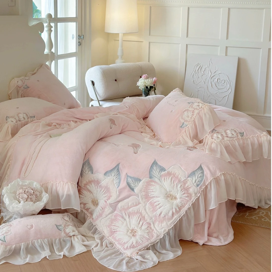 公主风冬季牛奶绒加厚保暖四件套绣花冬季床上用品韩式法莱绒被套