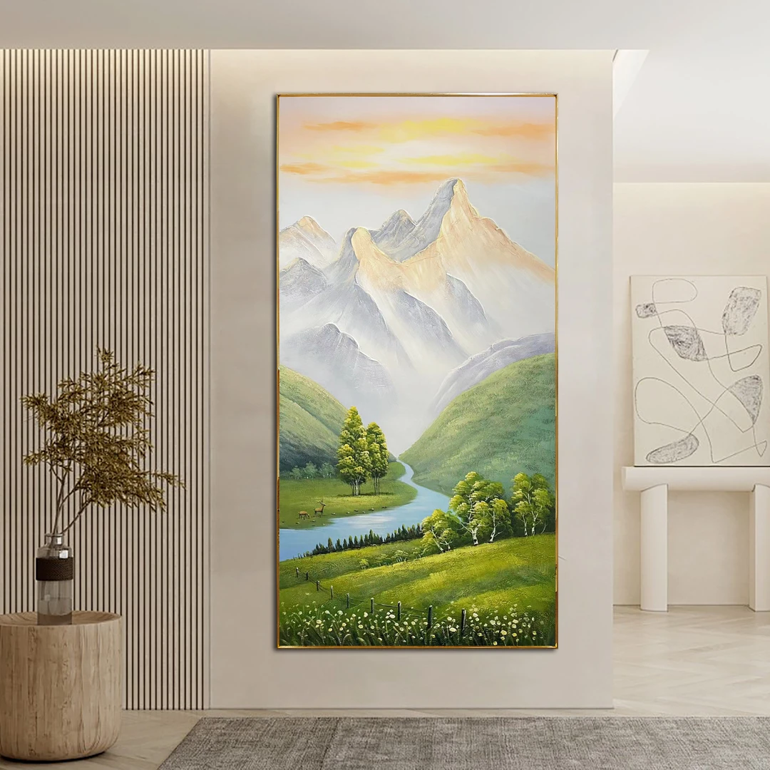 XG《日照金山1》纯手绘玄关画现代简约风景背景画