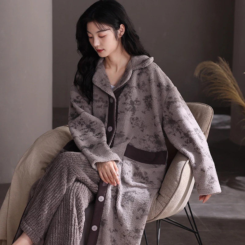 珊瑚绒睡裙女冬季加绒厚保暖法兰绒高级感睡袍长款晨袍家居服套装