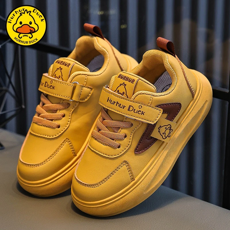 小黄鸭男童鞋2025春秋新款皮面女童板鞋儿童运动鞋网面透气小白鞋