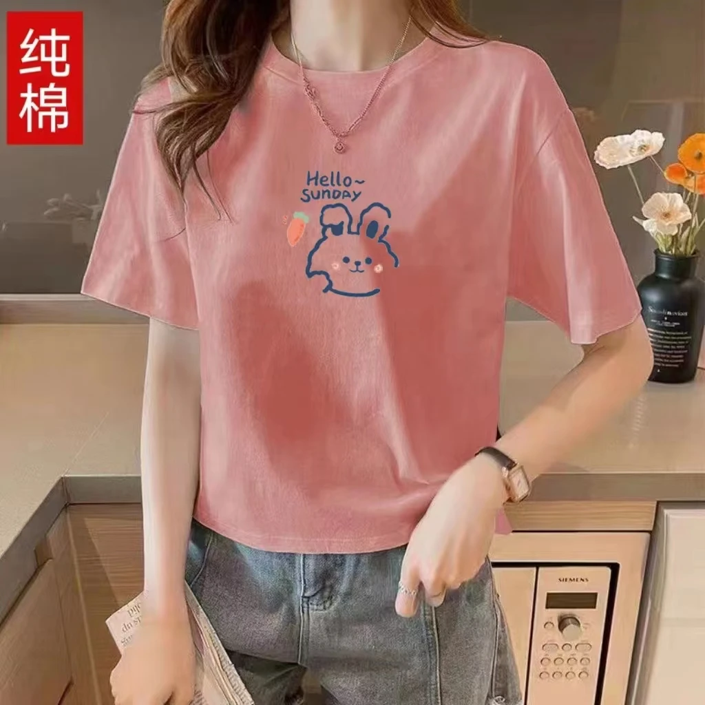 纯棉白色短袖t恤衫潮牌韩版圆领短款百搭上衣女装宽松显瘦T恤夏装